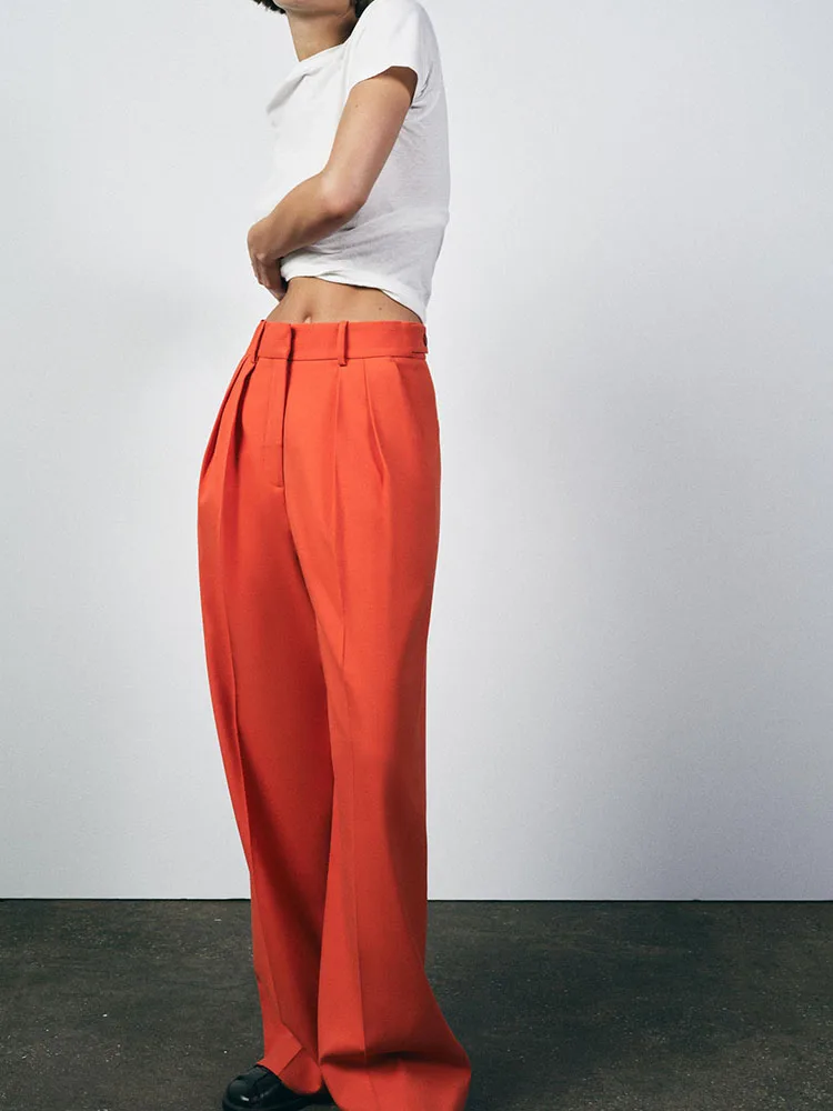 Spring New Arrival Women's Mid-Waist Slimming Ele Simple Faion Pleated Wide Leg Pants Long Trousers 295677