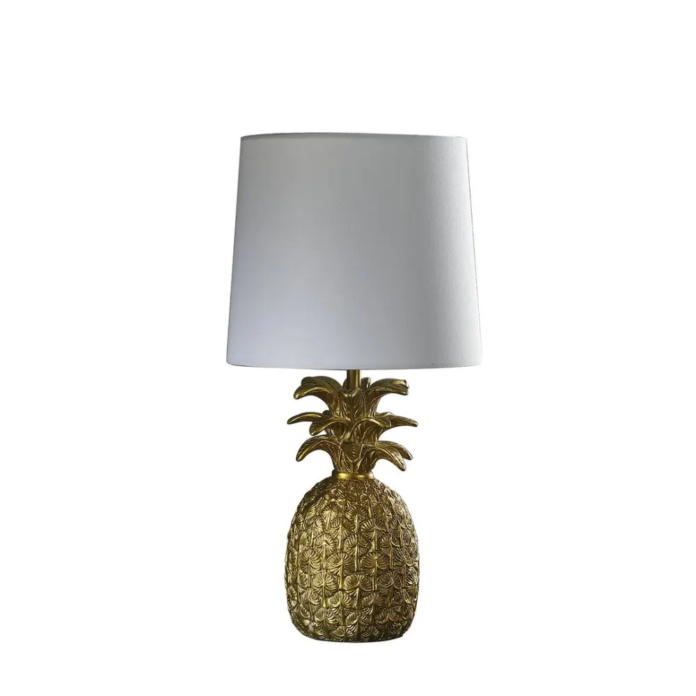 Lampe de Table Ananas Heahea en Laiton localité, Abat-Jour Demi-Tambour, Résine Dorée, Coton Blanc, Lin, 17 Pouces