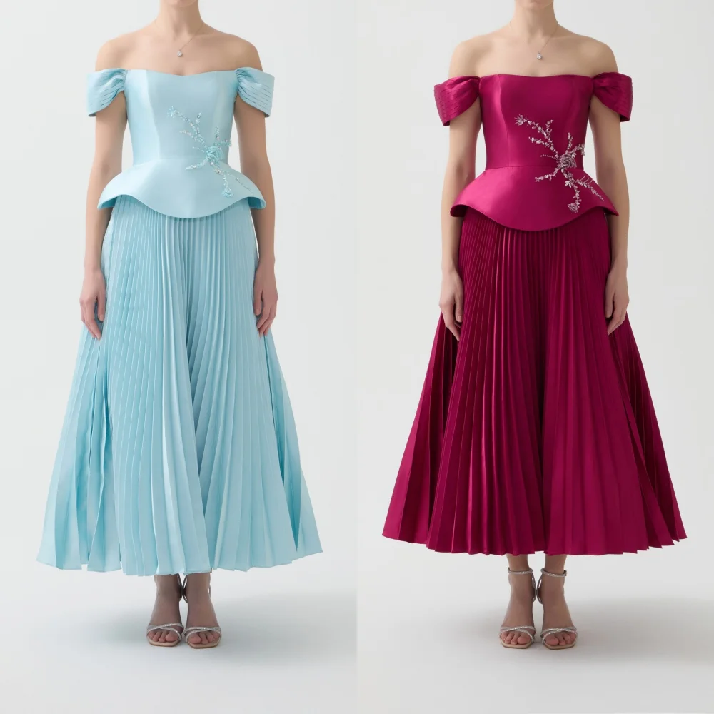 

Изысканные плиссированные драпированные бисером и блестками цветок трапециевидной формы с открытыми плечами платья миди на заказ платья для особых случаев Pastrol