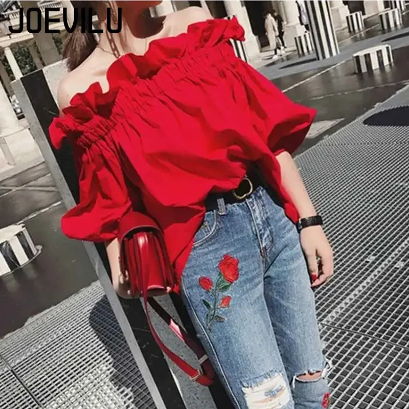 Off Shoulder Shirt Ruffled Elastic Sexy Blouse Female Summer Short Sleeve Top Korean Student Women\'s Blouses Retro Red Crop Tops