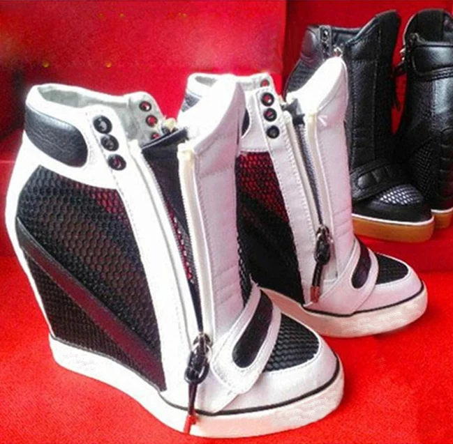 

Летние ботильоны на танкетке из натуральной кожи в сетку в стиле пэчворк, женская повседневная обувь разных цветов на молнии с высоким берцем и увеличенным высоким берцем