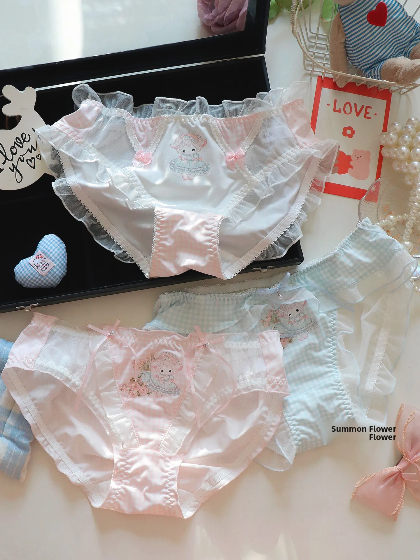 Sweet Lace  Panties Women's Breathable Underwear Comfortable Mid-Waist Cotton Lined Daily Use Cartoon Design