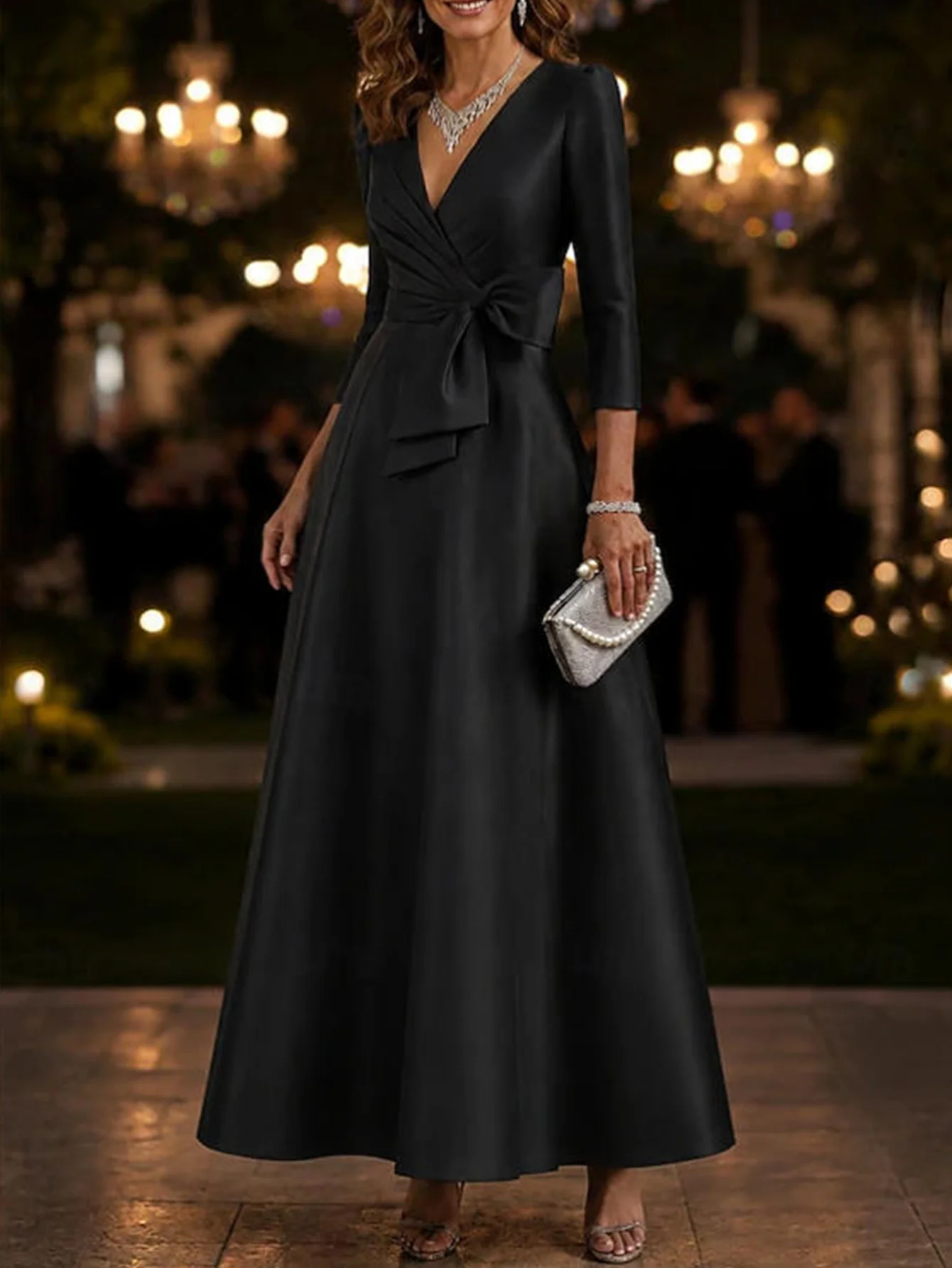2026 Elegant V-Neck 3/4 Sleeve Satin A-Line Evening Dress, Waist Cinched Formal Banquet Gown, Bride Wedding Party Dress
