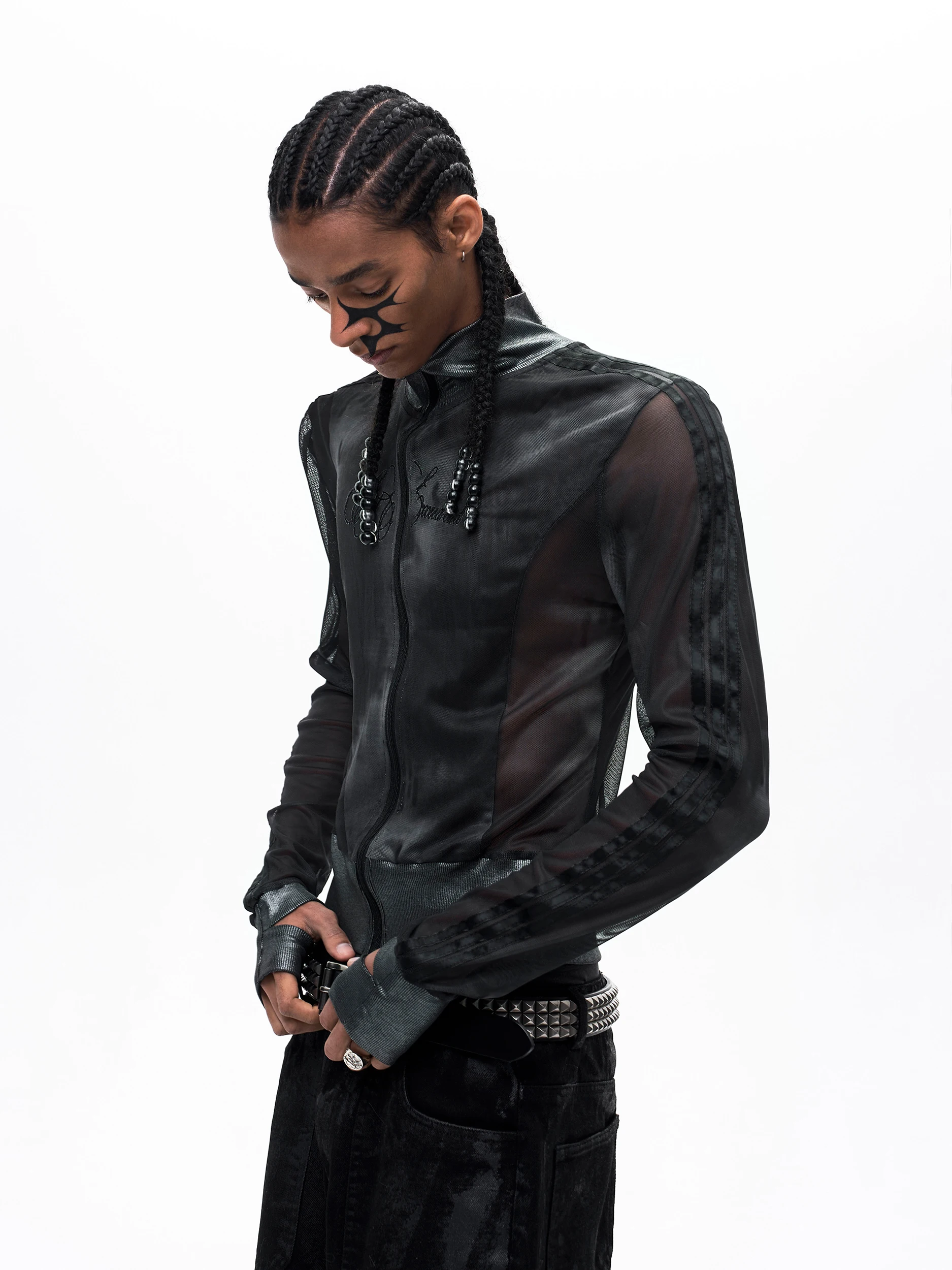 See Three Bars Mesh T-Shirt Men's Long Sleeve Slim Fit Stand Collar Base Shirt Visual Style Dark Theme Spring Summer Fashion