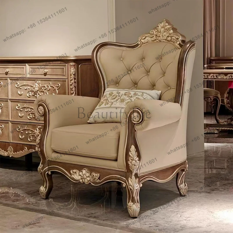 French retro carved solid wood sofa villa size apartment living room carved three-person sofa