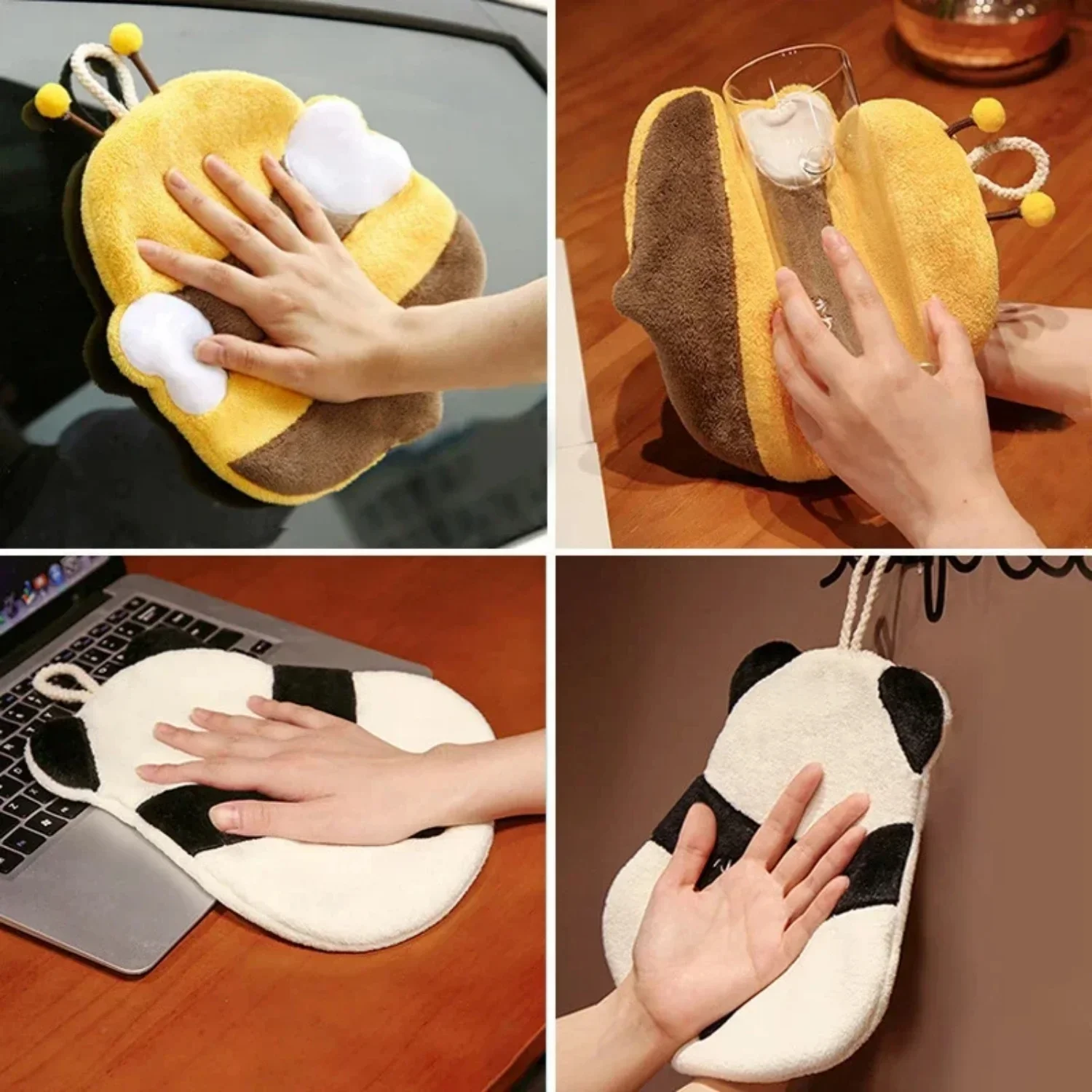 Coral Fleece Hand Towel Cartoon Bee Panda Plush Lanyard Multi-functional Absorbent Towels Wipe Handkerchief for Kitchen Bathroom