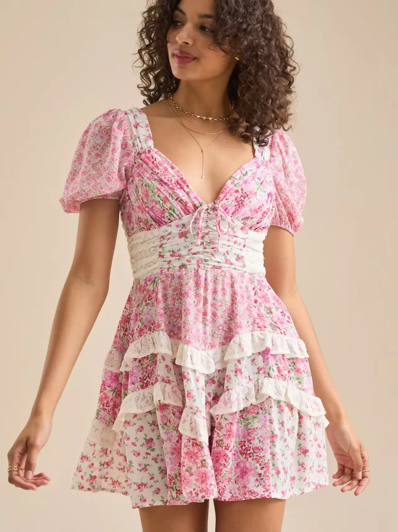 

Ruffle Floral Print Short Dress For Women V-neck High Wiast Fashion Summer Dress Floral Print Vacation Sweet Chic Vestidos 2025