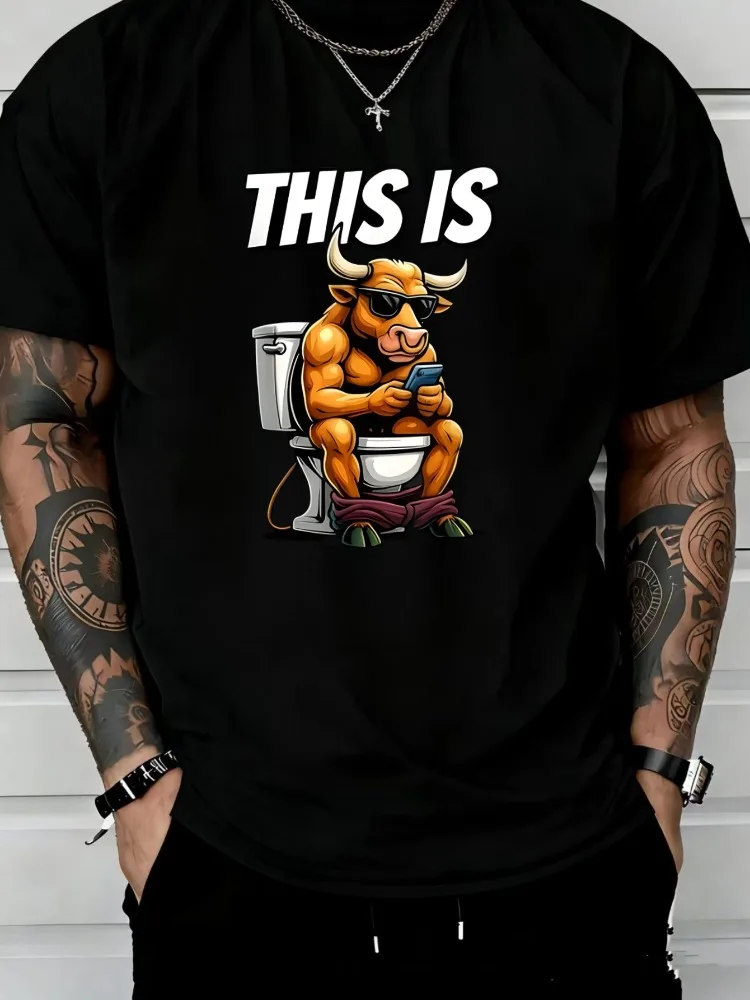 Cool Muscle Bull On Toilet Using Smartphone Graphic Mens Soft Cotton Short Sleeve T Shirt Funny Streetwear Top For Trendy Guys