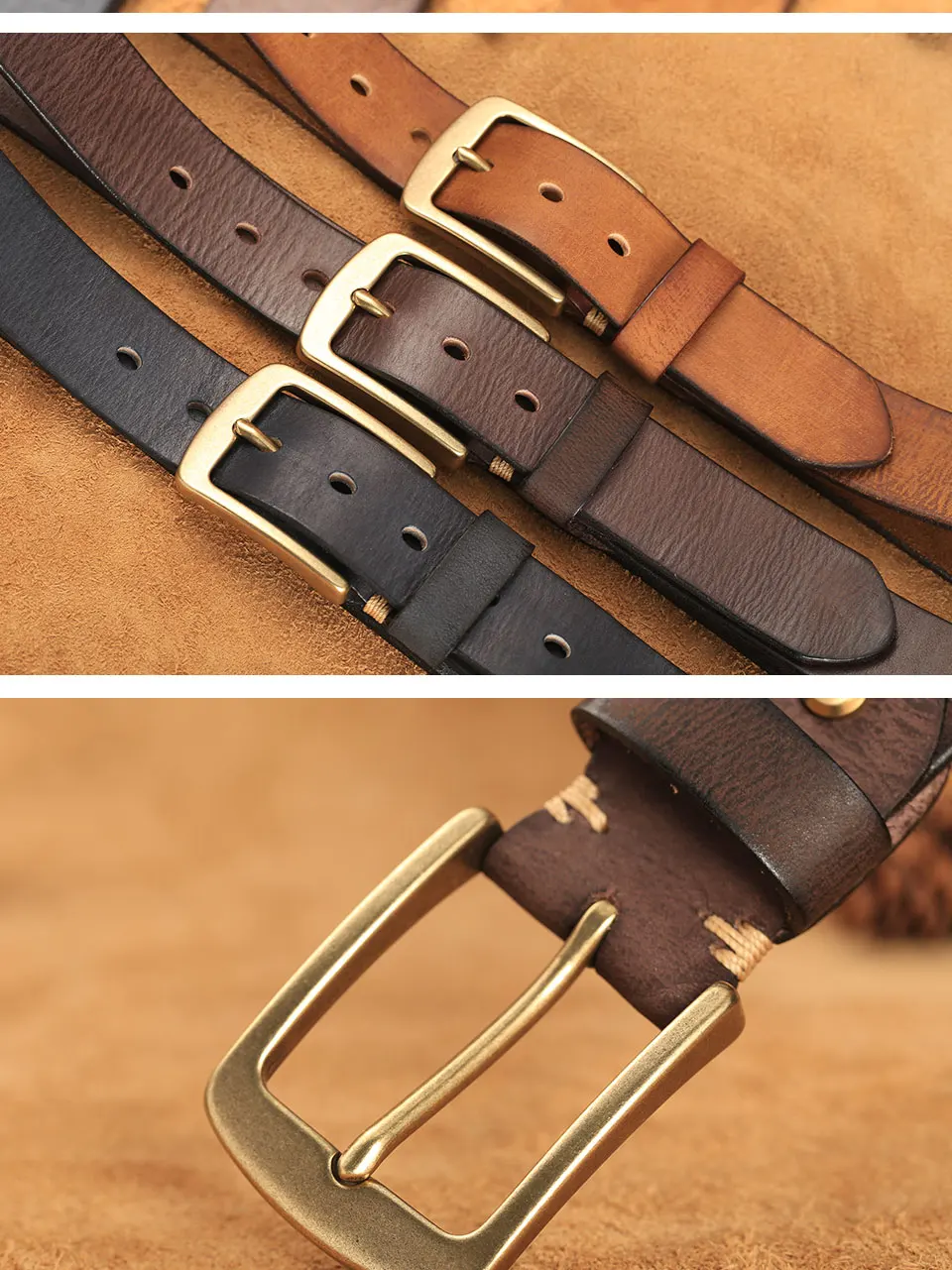 Echtledergürtel für Herren, handgefertigt, Vintage-Kupferschnalle, Herrengürtel, modisch, hochwertiges Rindsleder, Herrenriemen für Jeans – Detail 9