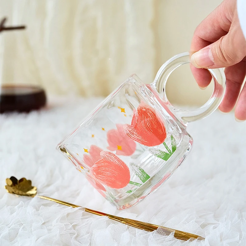 Tulip Perfume Cup High-Value Ins Style Amber Glass Cup Cute Girl Heart Milk Breakfast Mugs Clear Multi-Purpose Mug For Home