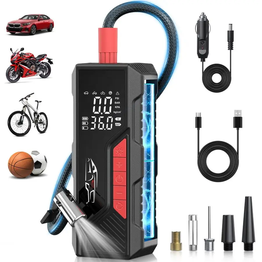 

Inflator Portable Air Compressor, Cordless Air Pump for Car Tire 150PSI, Battery amp 12V DC, Electric Bike Pump with Pressure Ga