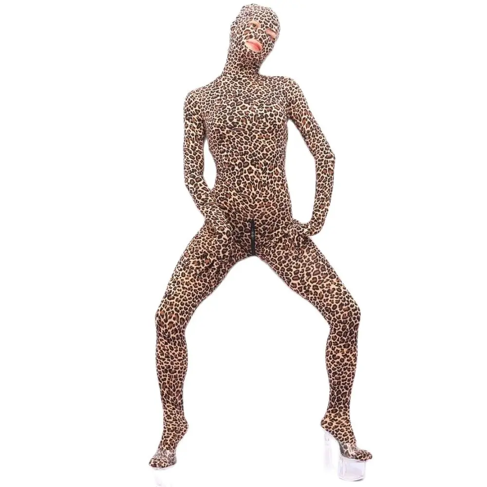 Woman Jumpsuit Leopard Print Full Body Wrap Tights Appeal Clothing Cosplay Zentai Zip Open Crotch Bodysuit Catsuit Stage Costume