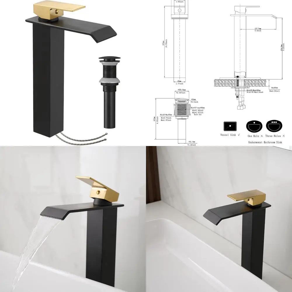 

Modern Single Handle Tall Vessel Sink Faucet with Pop-Up Drain, Matte Black and Gold Finish, for Contemporary Bathroom Vanity Se