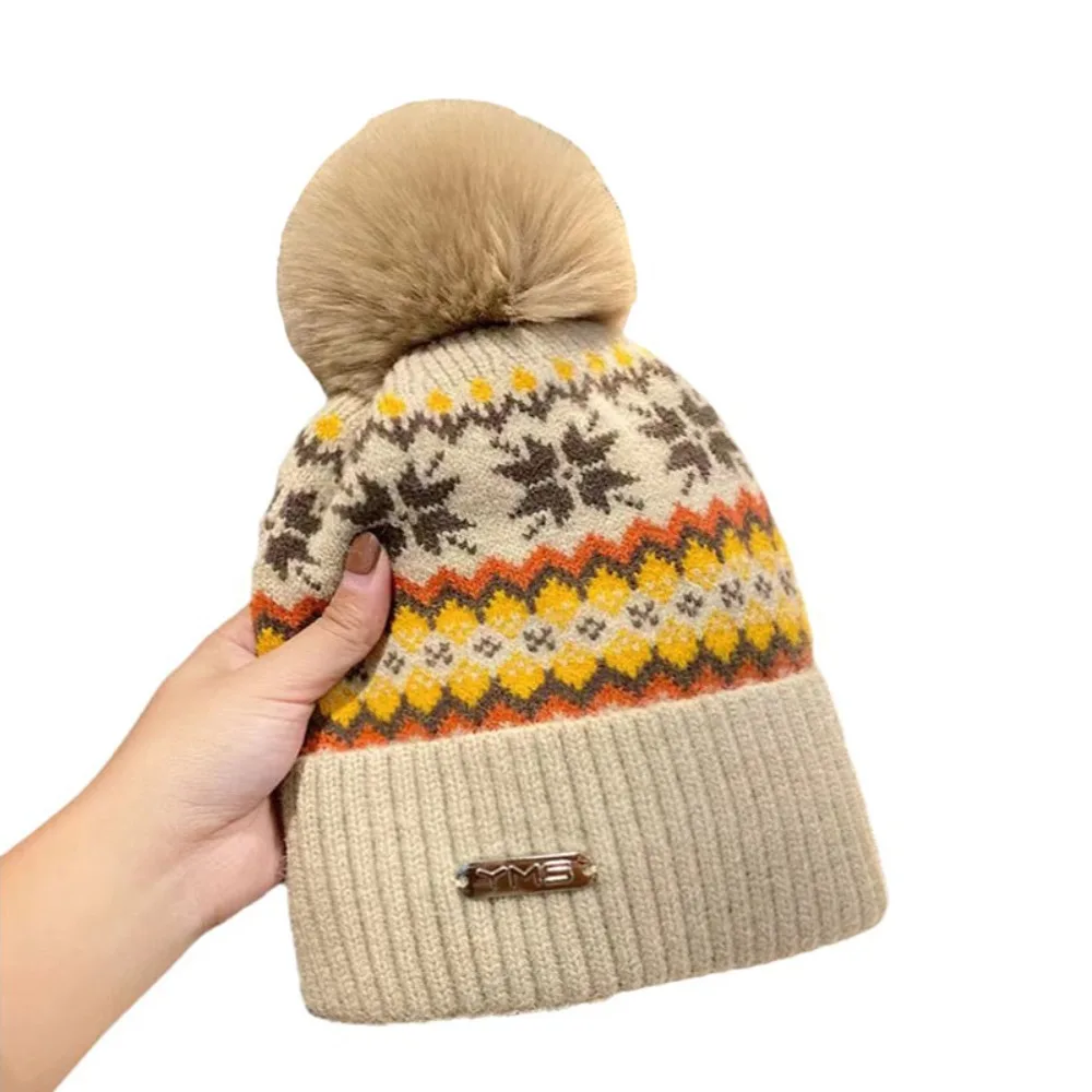 Soft Thicken Knitted Beanie Cap Pom Pom Decoration Windproof Velvet Hat Warm Lining Snowflake Pattern Winter Warm Hat for Unisex