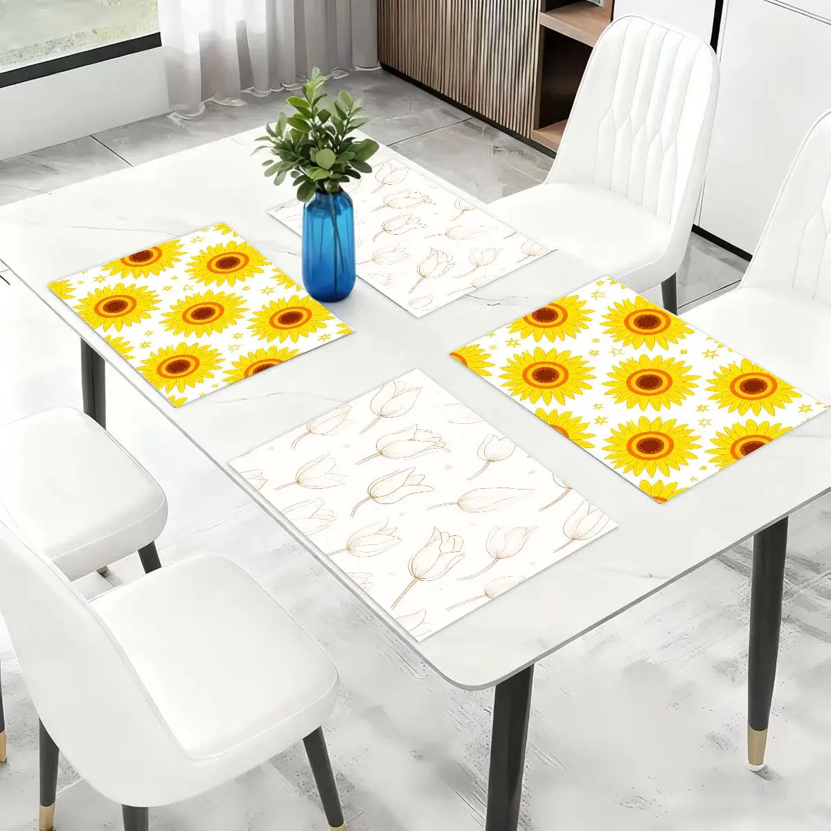

Vintage Style Yellow Sunflower Single-sided 2D Printed Placemats (45×30cm) for Home/Hotel Deco, 4/6-Piece Set