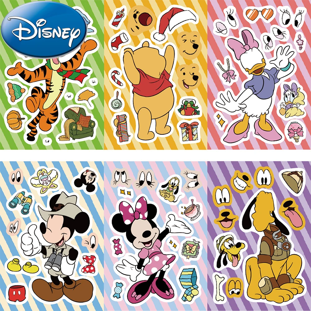 

8/16sheets Disney Mickey Mouse Winnie the Pooh Puzzle Stickers Make a Face Cartoon Anime DIY Decals Fun Assemble Jigsaw Kids Toy