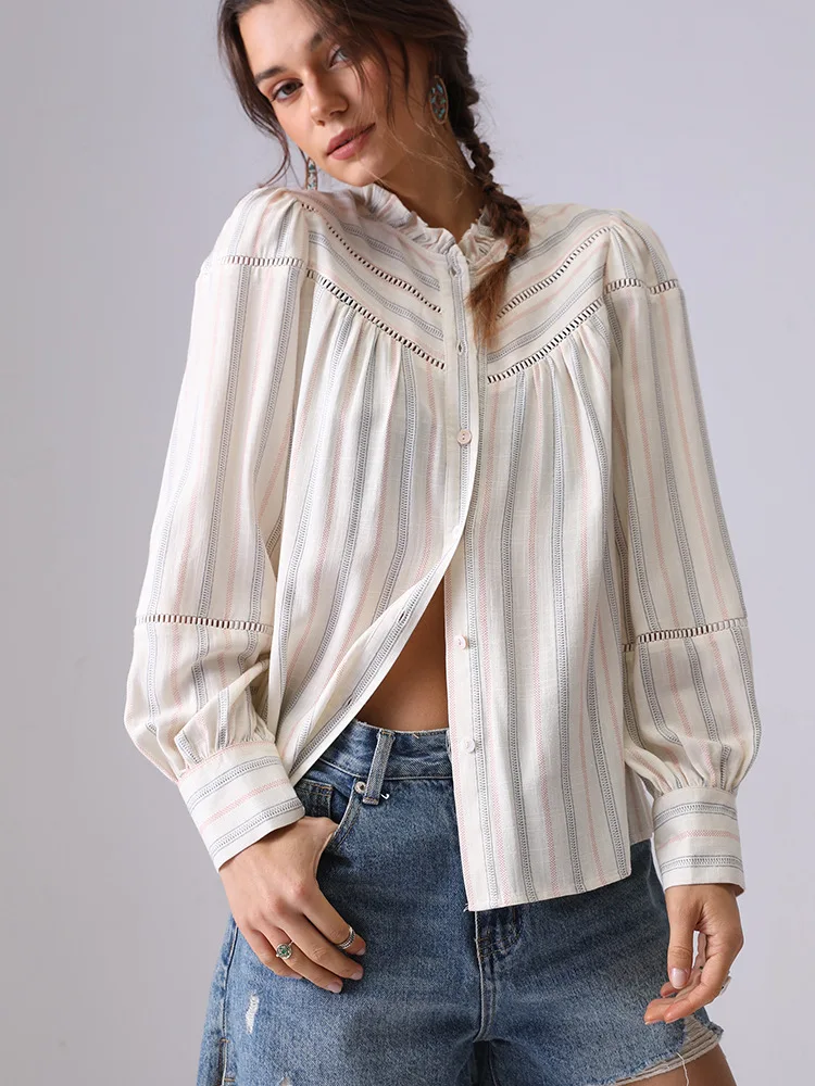 

Полосатая рубашка в стиле бохо с рюшами и кружевной строчкой, блузка, женская весенне-летняя повседневная модная уличная рубашка с длинными рукавами, топы