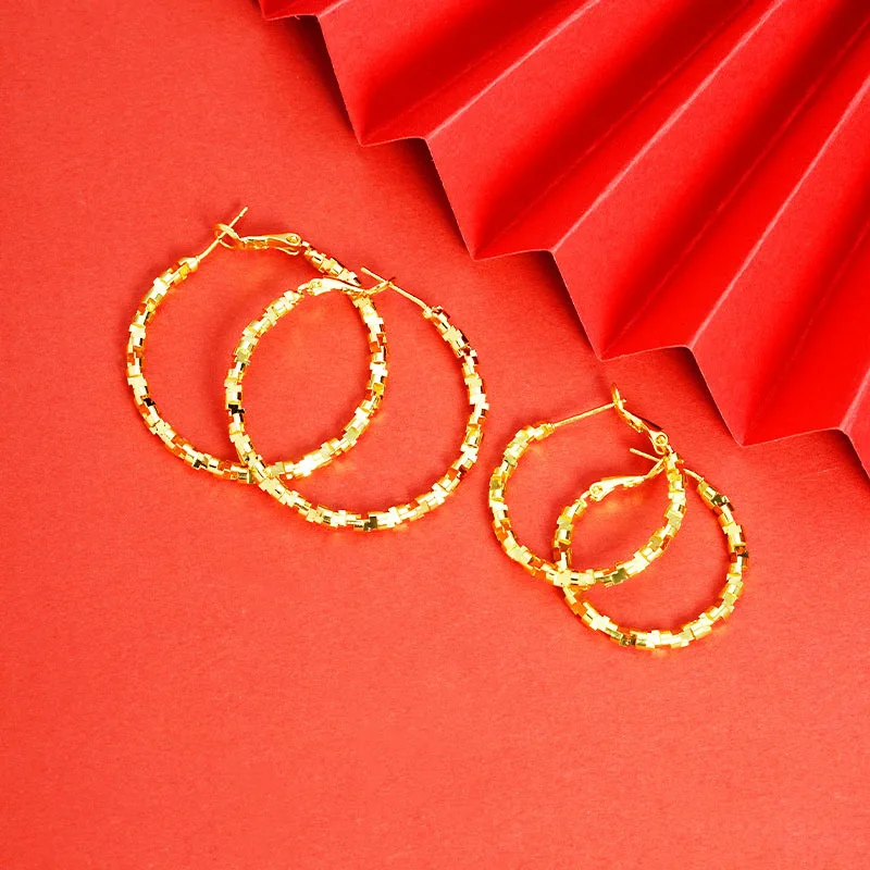 Luxury 24K 9999 Pure Gold real gold Women's Twist Ear Ring Temperament Exaggerated Geometric Circle Earrings