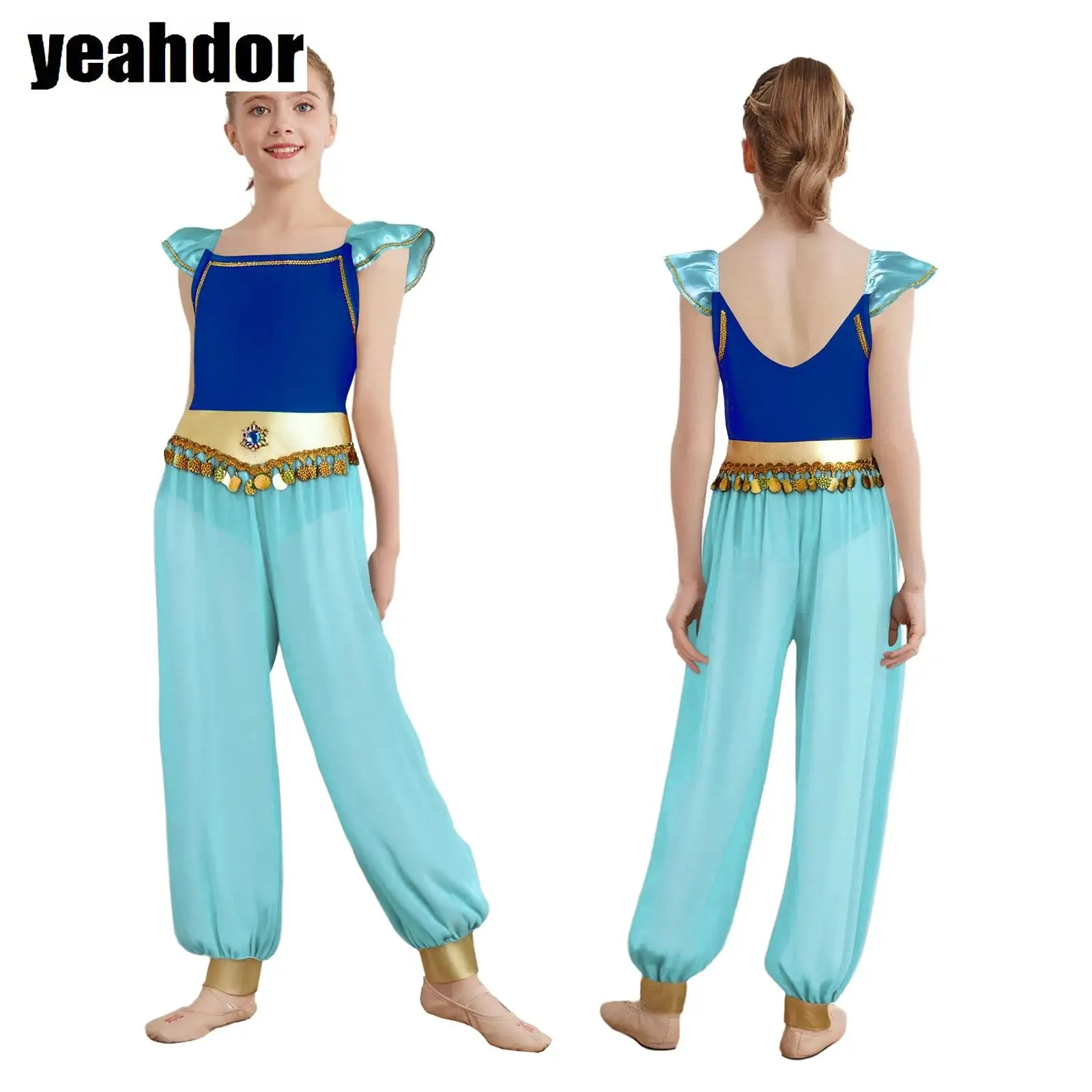 

Girl Arabian Cosplay Costume Flying Sleeve Rhinestone Sequin Tassels Side Slit Chiffon Long Pants Halloween Carnival Role Play