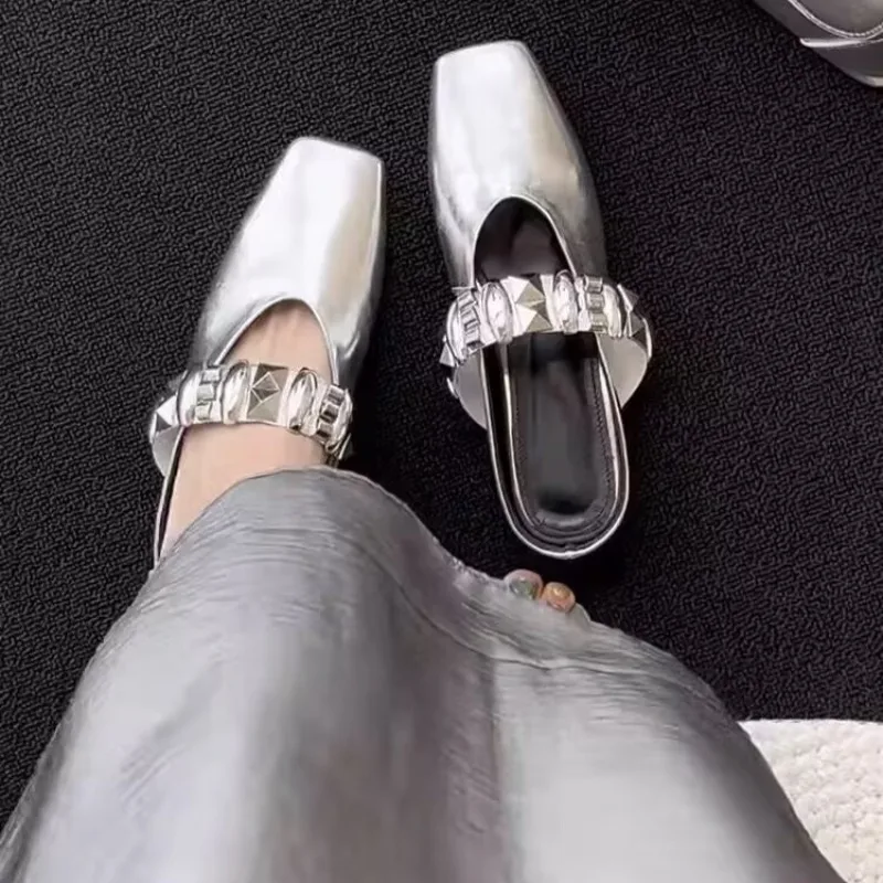 

Wedge Cool Mopping Summer New Square-toe Shallow-mouth Metal Buckle One-band Non-slip Wear-resistant Kitten Heel Shoes