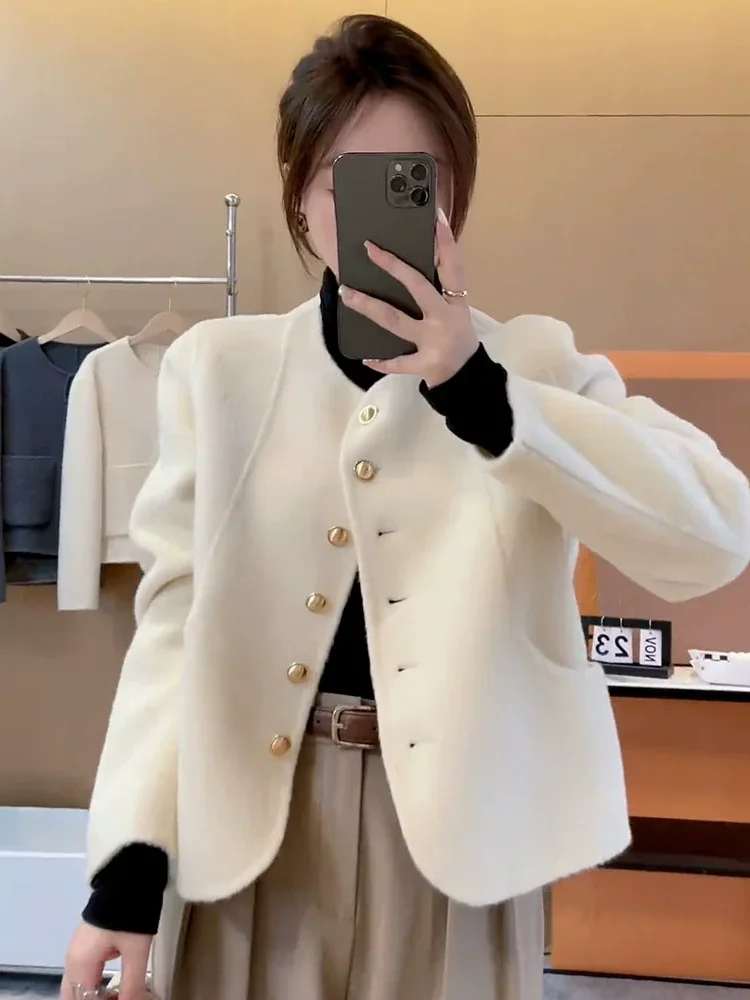 Ladies' Single-Button Long-Sleeve Woolen Coat Elegant Korean Design Autumn Winter Fashion Outerwear Commute Style Loose Fit