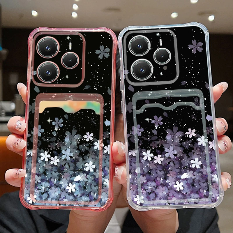 حافظة جيب للبطاقات لهاتف Xiaomi Redmi Note 14 Pro Plus 5G Note 14 13 12 11 Pro 14C 13C 4G غطاء هاتف من السيليكون الناعم على شكل زهرة متدرجة