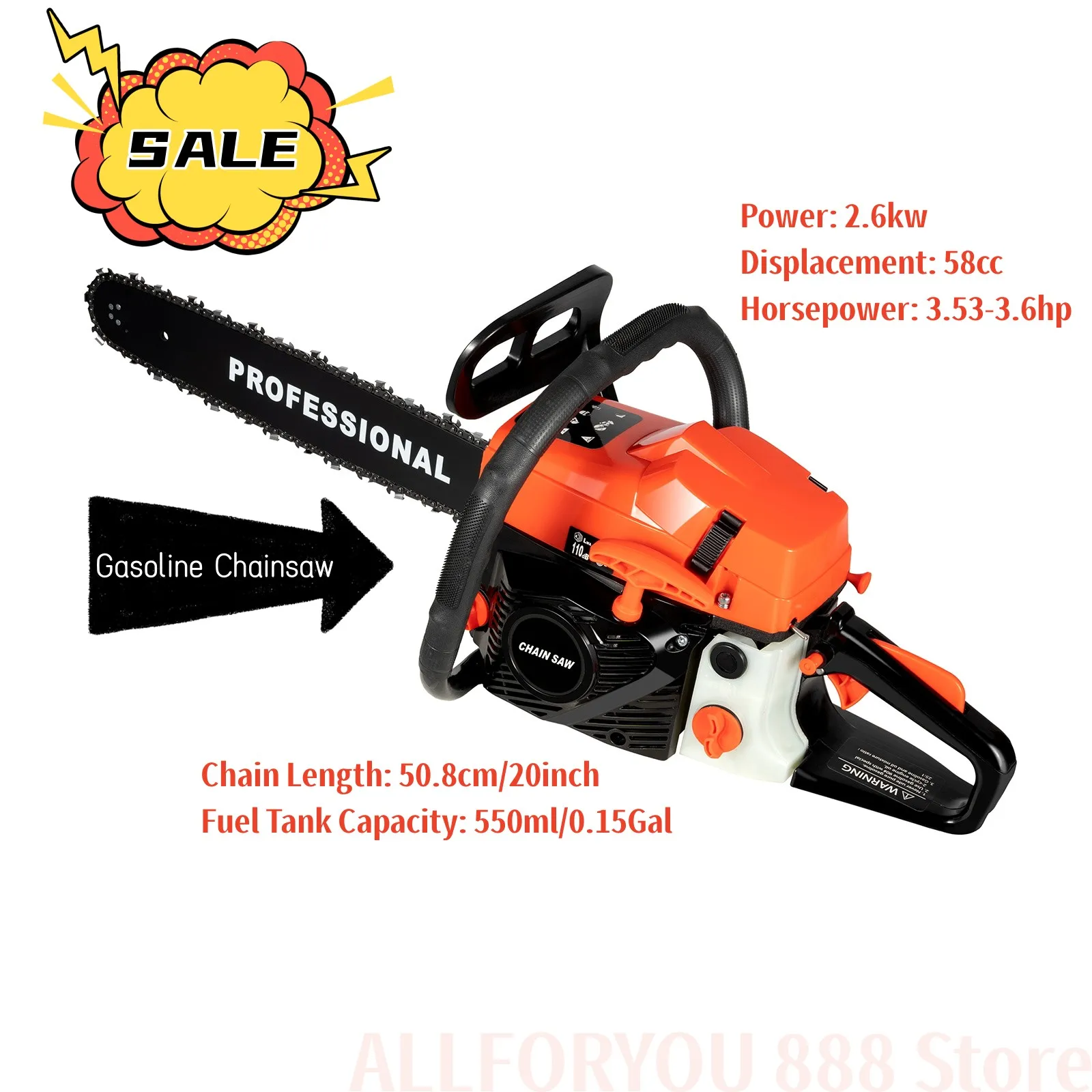 

20inch 58CC Gas Chainsaw Gasoline Powered Chain Saws Cutting Wood Cutting Tool