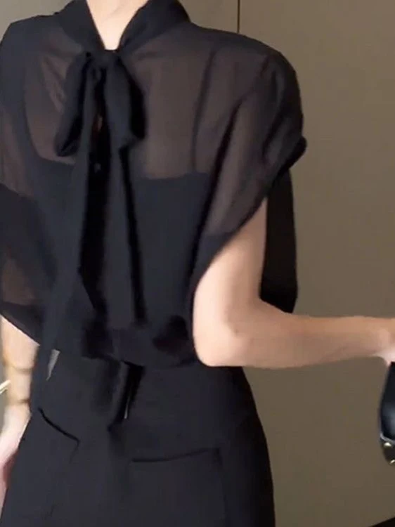 

Модный прочный шифоновый топ с воротником-стойкой, женский летний новый свободный утягивающий дизайн с поясом ort Sve irt