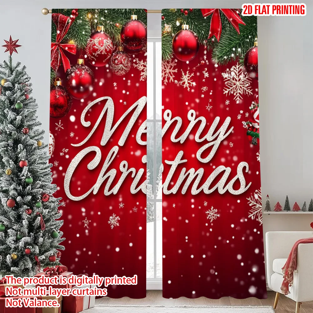

2pcs 2D flat printing Merry Christmas Curtains Holiday Christmas Versatile 100% Polyester Without Electricity Spring Party &