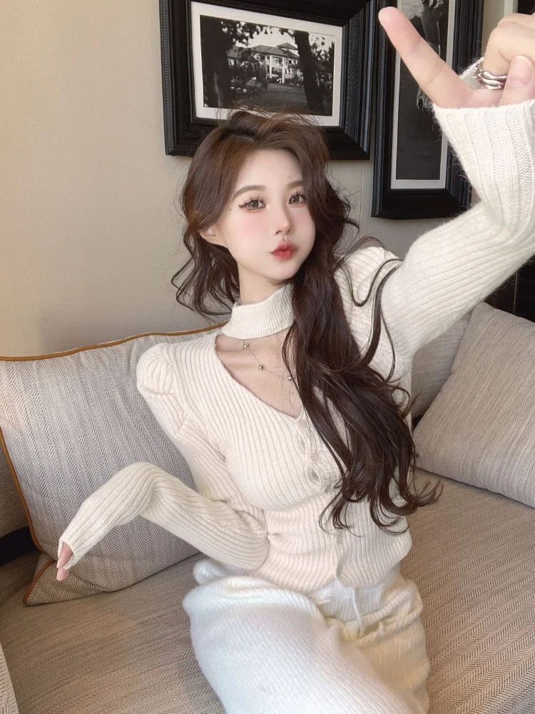 Women's 2026 Autumn Pink Knit Top Halter V Neck Slim Fit Coquette Hot Girl Streetwear Trendy Layering Sweater