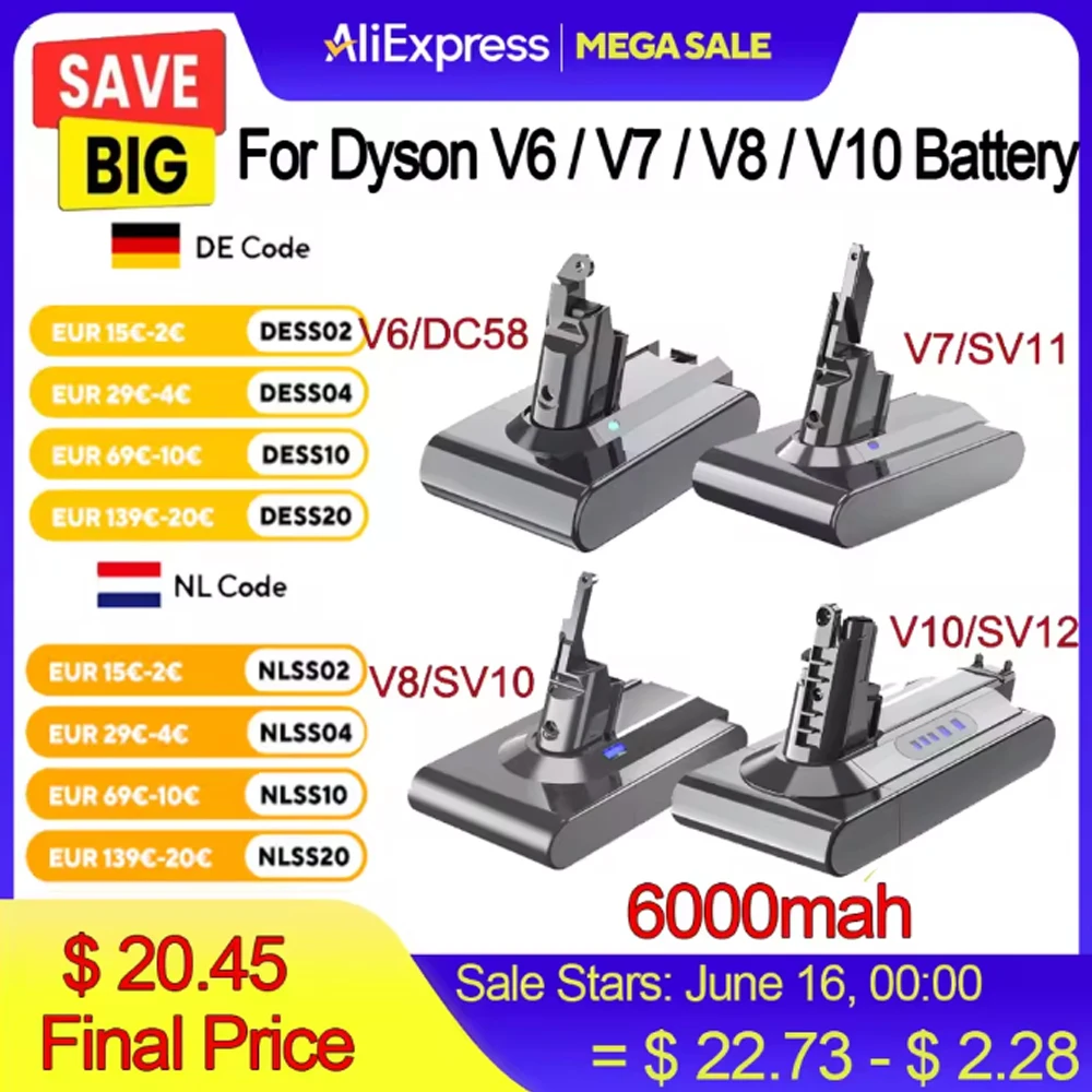 

21.6V Battery For Dyson V6 V7 V8 V10 Series SV12 DC62 SV1 8000mAh Rechargeable battery For Dyson Vacuum Cleaner Spare Batteries