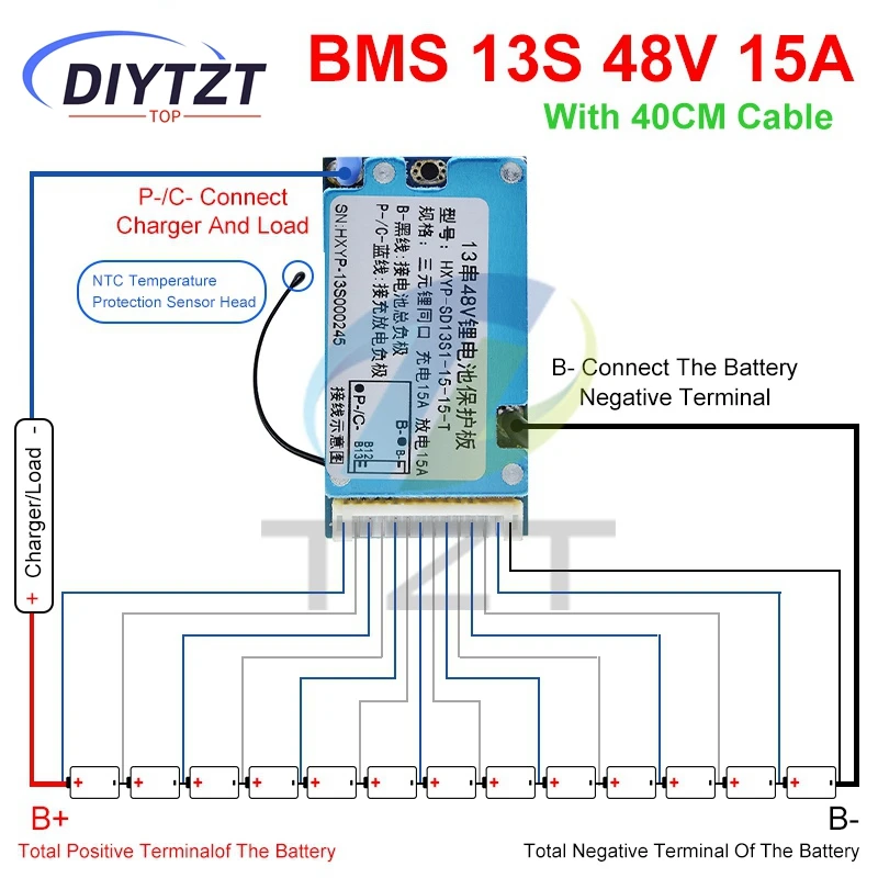 DIYTZT 13S 48V 15A BMS Lmo Ternary Li-ion Lithium 18650 Battery Charge Protection Board With Heat Sink And Temperature Control
