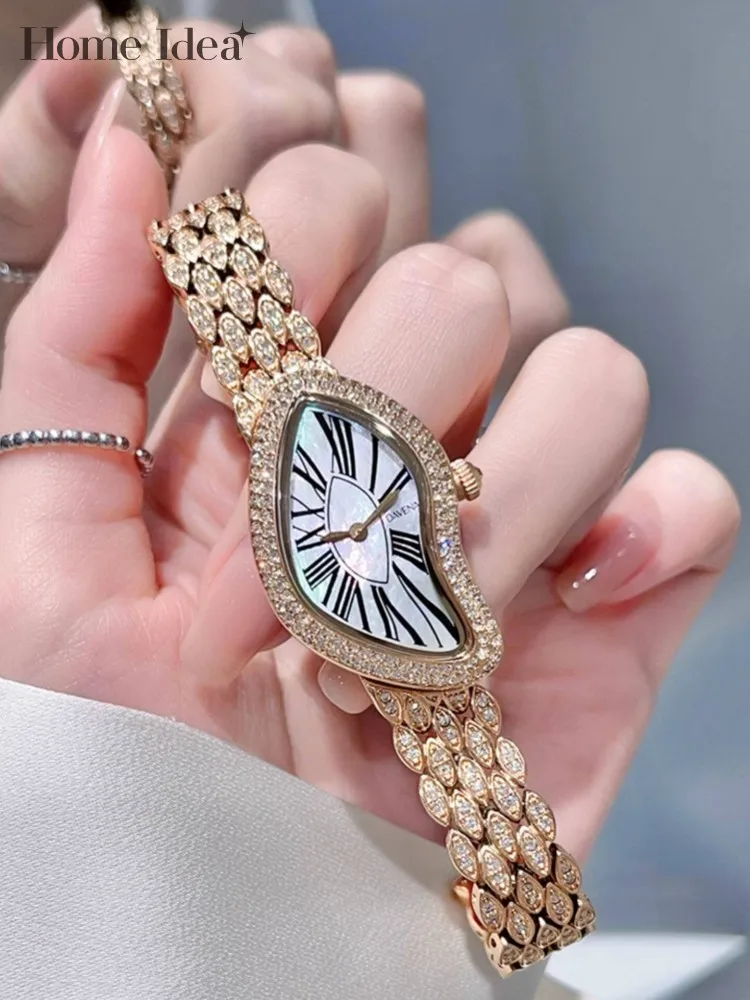 Casual Ladies Fashion Diamonds Watch Shiny Quartz Wristwatches Stainless Steel Elegant Womens Push Button Hidden Clasp Watches
