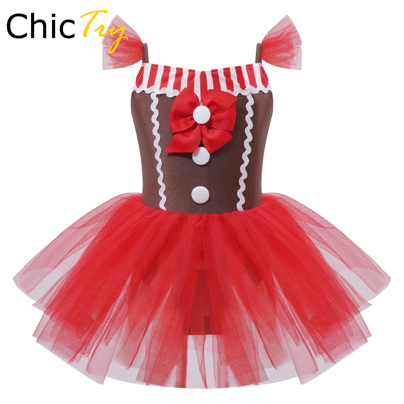 Kids Girls Christmas Gingerbread Man Costume Christmas Santa Dance Dress Teen Sleeveless Ballet Tutu Dress Bodysuit Dancewear