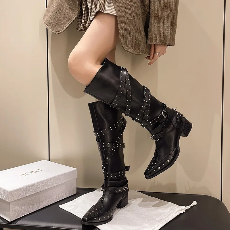 Women's Knee-high Boots Punk Style Long Boots Fashion Pointed Toe Leather Boots for Women Western Cowboy Boot Rivet Knight Botas