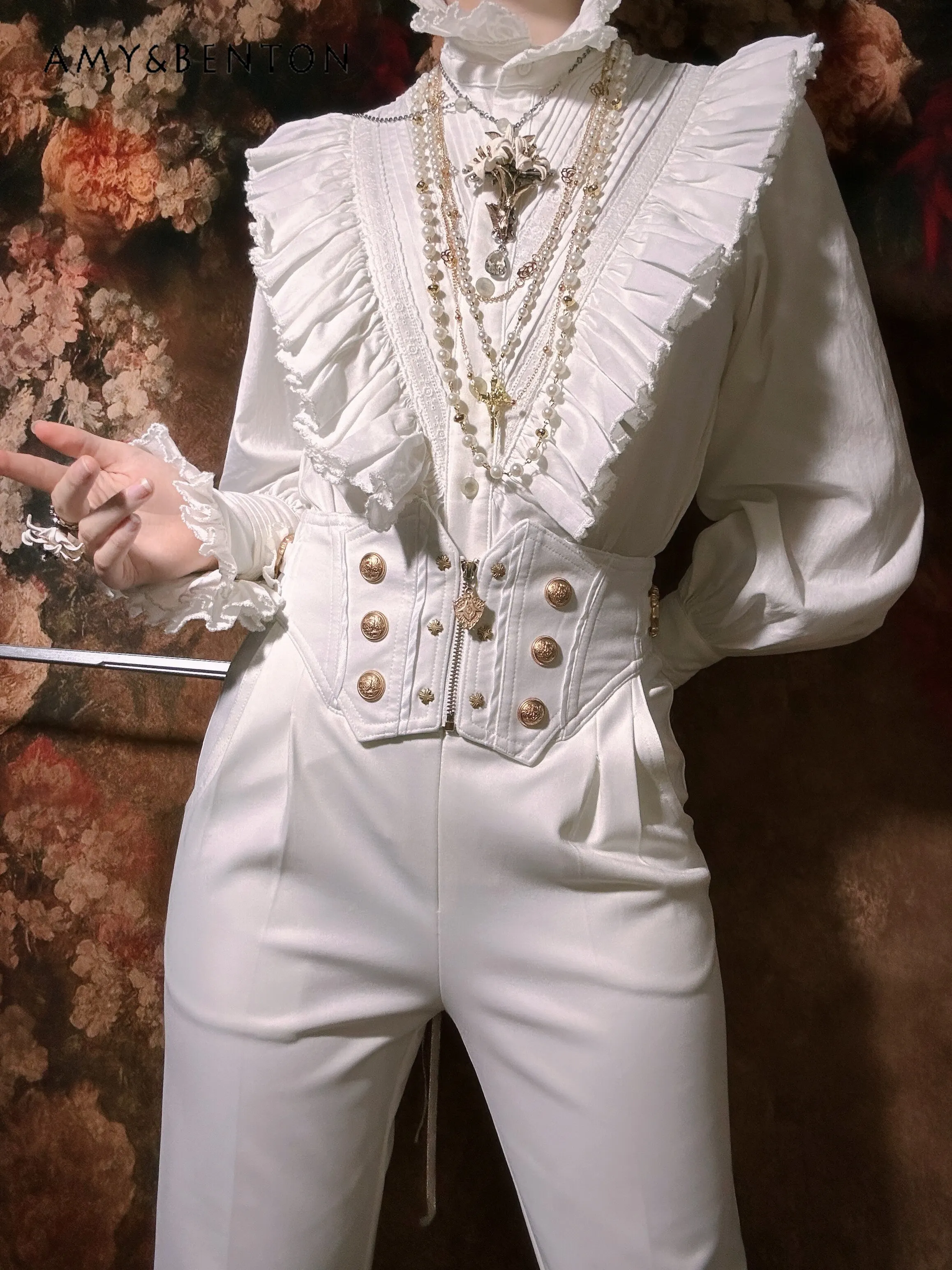 

Original Design Lolita Vintage Lantern Sleeve Shirt Subculture Harajuku Style Ruffled Stand-up Collar Loose Slim Shirt for Women