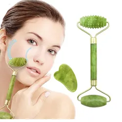 Green Natural Jade Stone Double Headed Multifunctional Massage Roller Gua Sha Scraping Tablet Beauty Massage Set