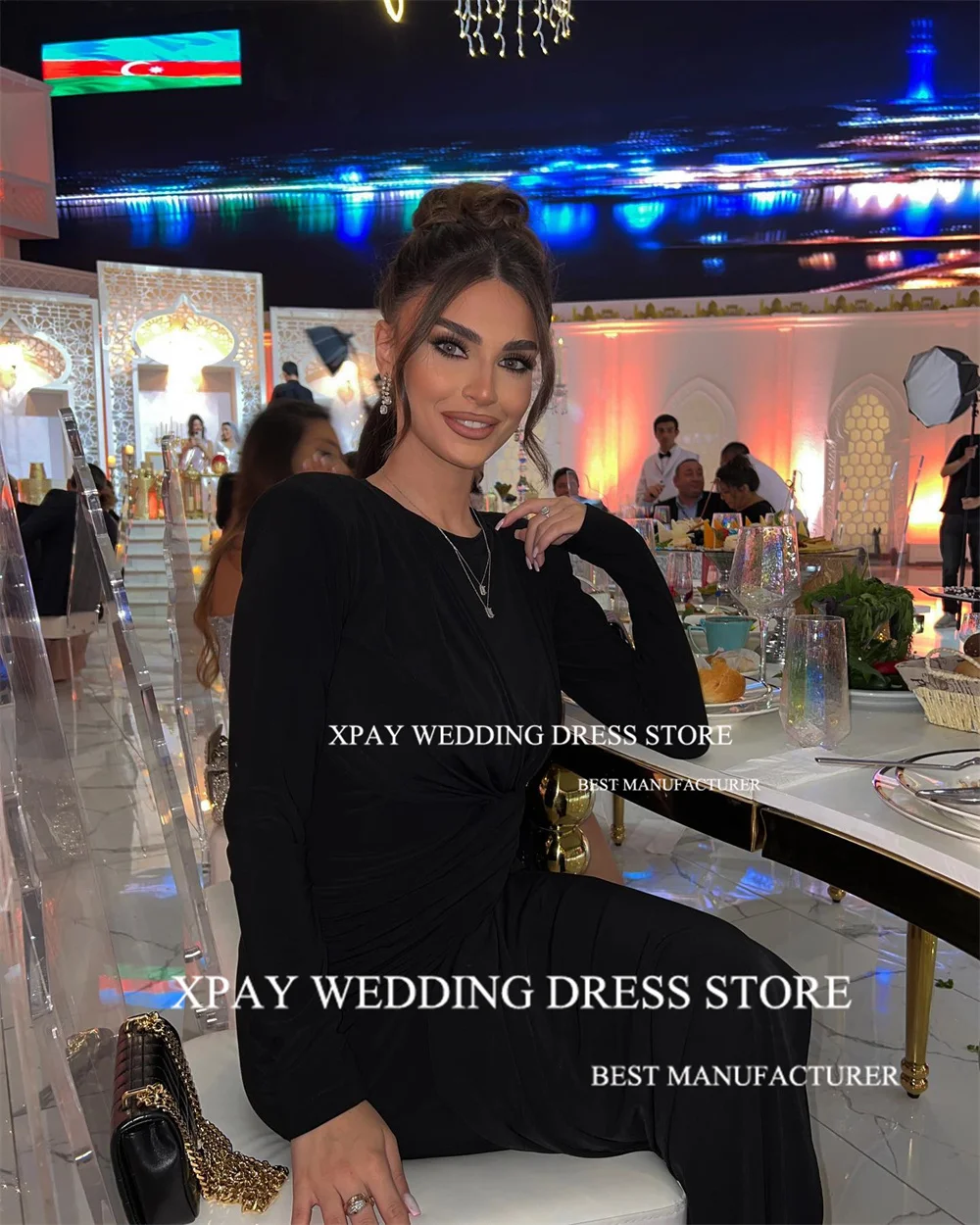 XPAY O Neck Black Mermaid Prom Dress Long Sleeve Dubai Arabia Criss-Cross Evening Gown Sexy Pleat Formal Special Occasion Dress