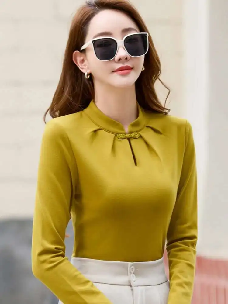 #0612 Autumn Winter Vintage Short T Shirt Women Stand Collar Hollow Out Chinese Style Long Sleeve T Shirt Thick Warm Solid Color