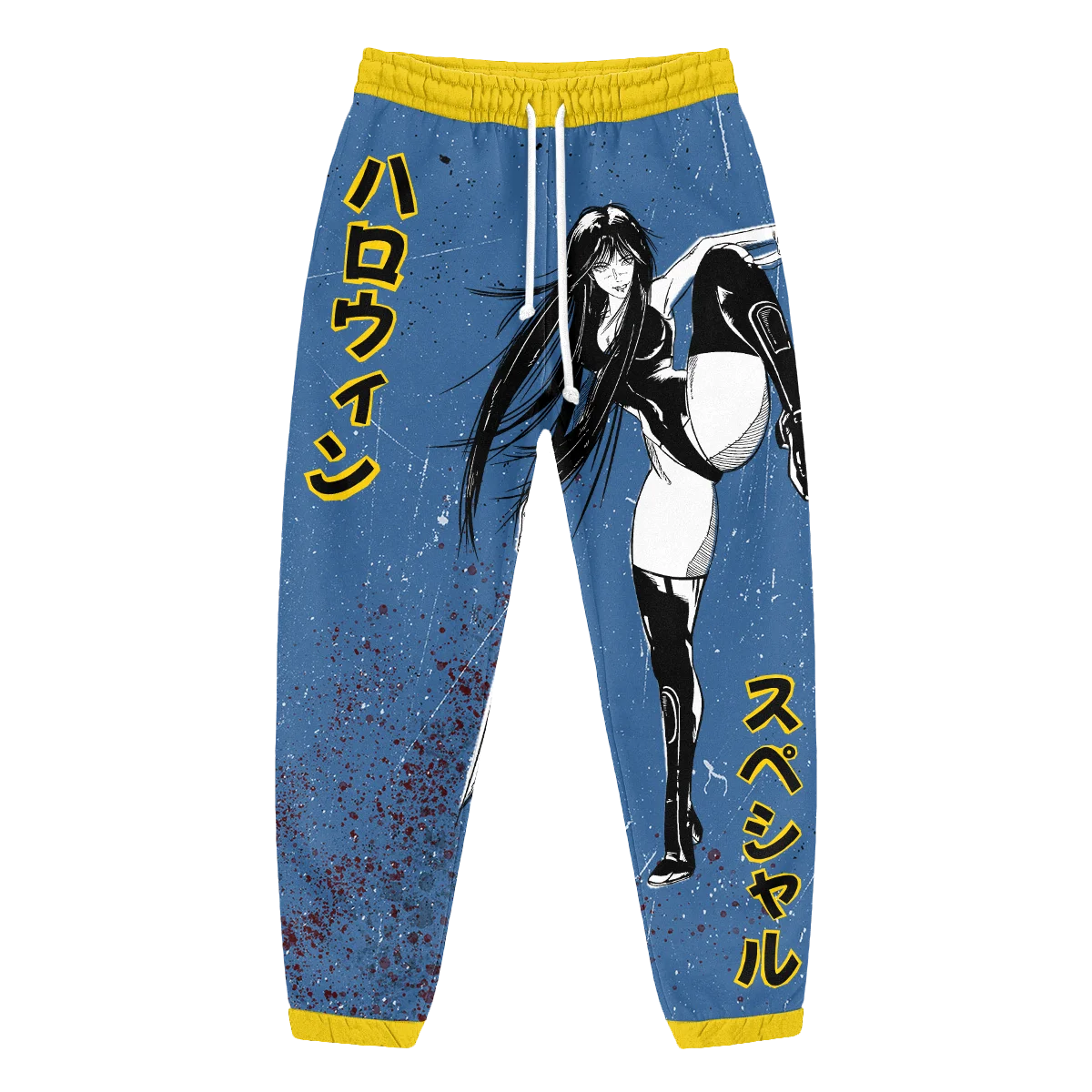 Blue and Yellow Anime Girl Joggers, Black-haired Fighter Halloween Drawstring Sweatpants, Y2K Streetwear-style Unisex Sweatpants