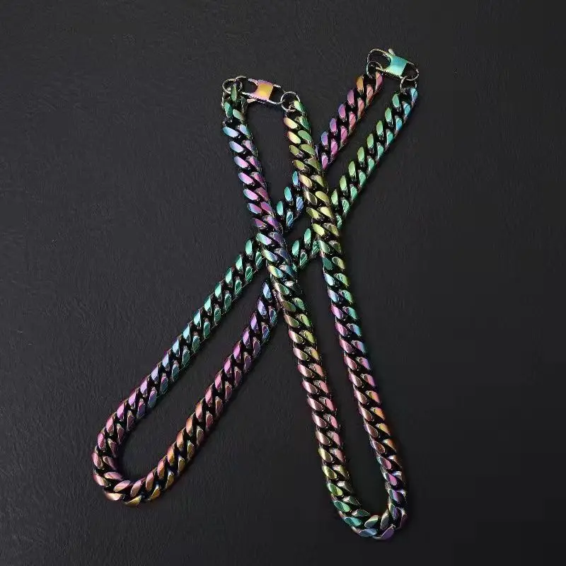 12mm 316L Stainless Steel Colorful Rainbow Miami Cuban Chain Necklace Polishing  Vintage Luxury Jewelry Unisex Neck Links Gift