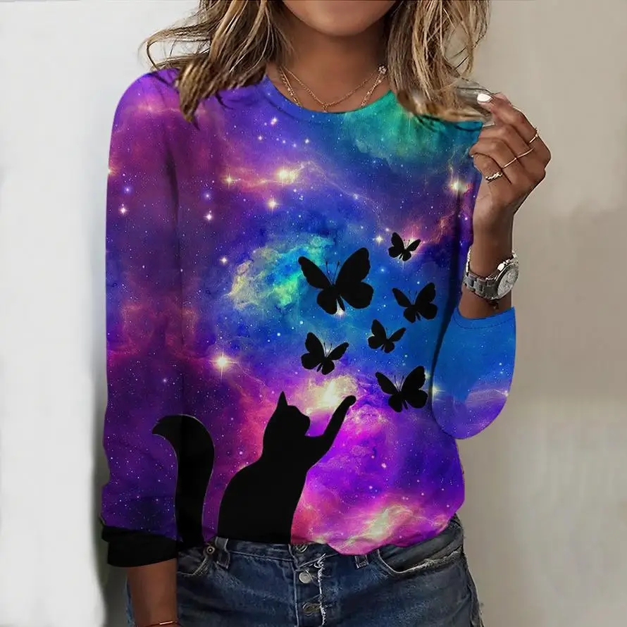

Новая женская футболка с рисунком кота, футболка с 3D принтом животных, летние повседневные футболки с круглым вырезом и длинными рукавами, топы Y2k, женская одежда в стиле Харадзюку
