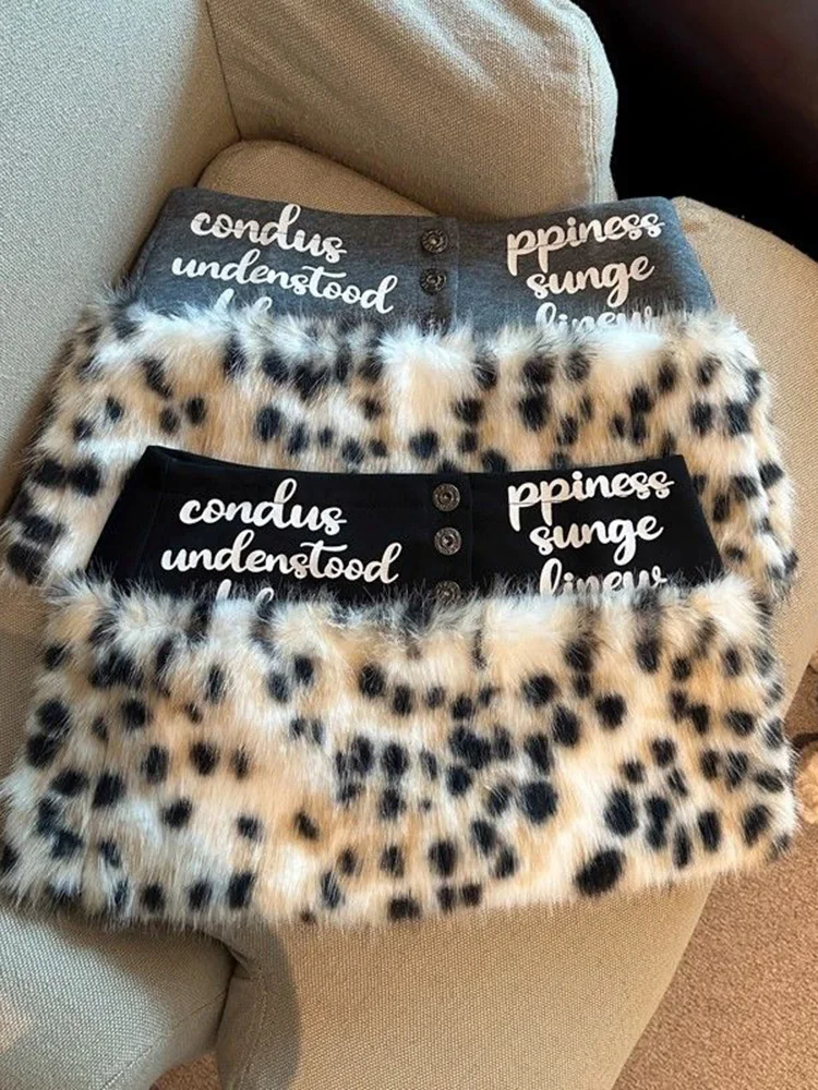 Sexy Y2K Leopard Mini Skirt Women Low Waist Faux Fur Retro Slim A Line Skirts American Harajuku Fall Winter Female Letter Skirt