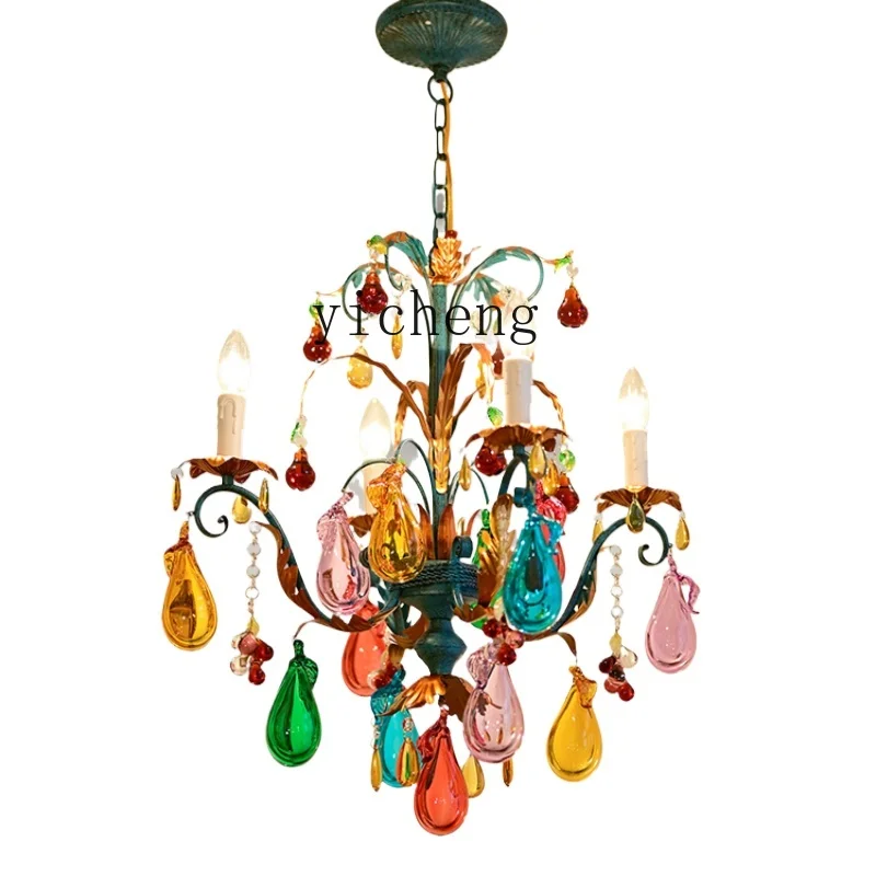 

ZK Dining Room Chandelier Art Glass Fruit Light Luxury Living Room Bedroom Retro Candle Chandelier