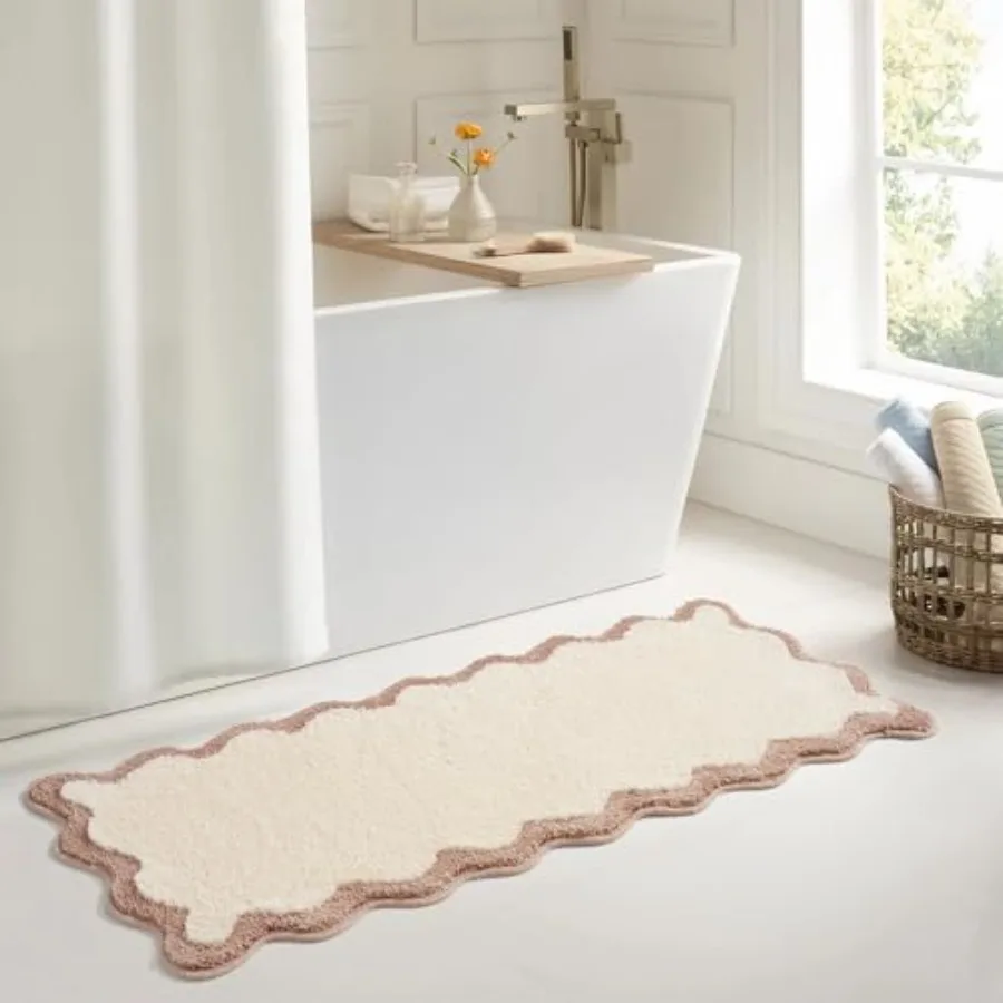 

Luxury Cute Bathroom Runner Rugs, Boho Bath Mat W/ Sand Scalloped Edge, Microfiber Aesthetic Trendy Funky Fun Preppy Rug, Extra