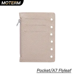 Moterm-Hoja de inercia con cremallera para bolsillo, organizador de anillos de tamaño A7, separador de cuero de grano genuino, bolsa de almacenamiento de monedas, accesorio para cuaderno