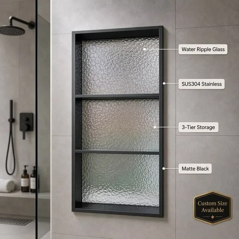 3-Tier Matte Black Stainless Steel Recessed Shower Niche, Water Ripple Glass Bathroom Wall Niche, Custom Size Available