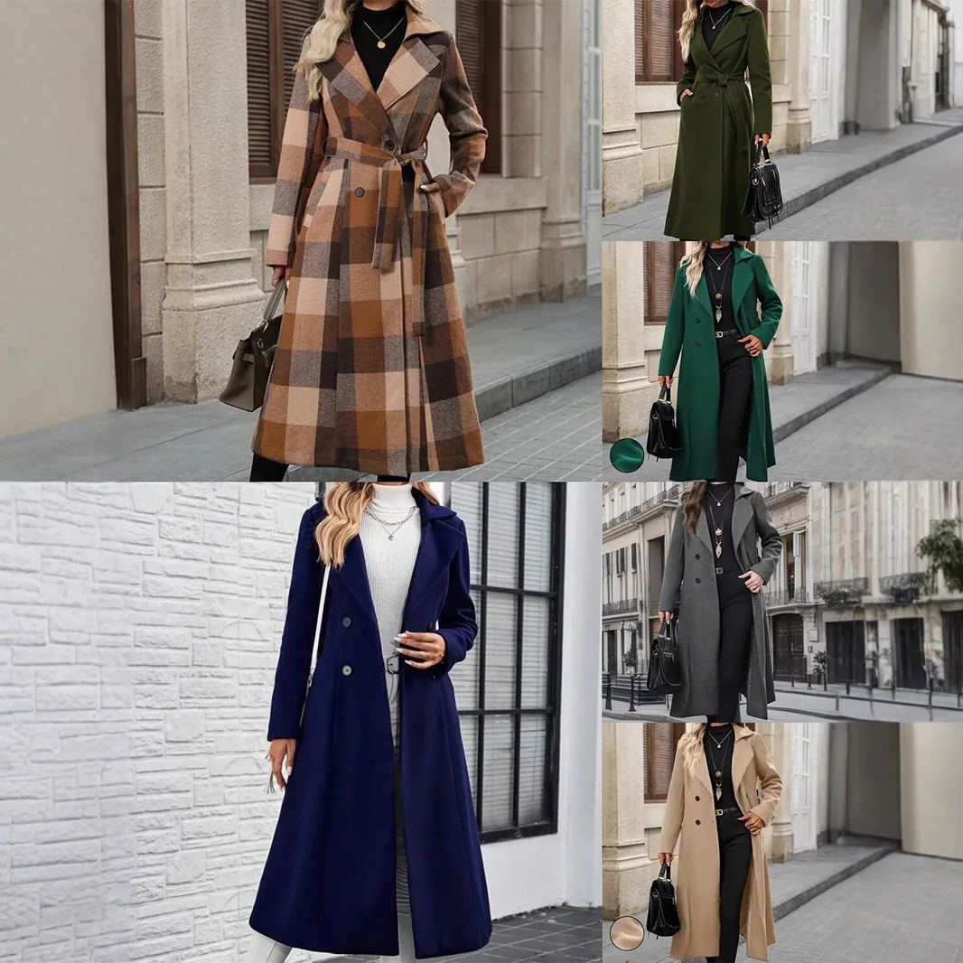 

Extended Length Woolen Coat with Double Row Buttons And Belt for Women New Style Import Outerwear Windbreaker from Mainland Chin