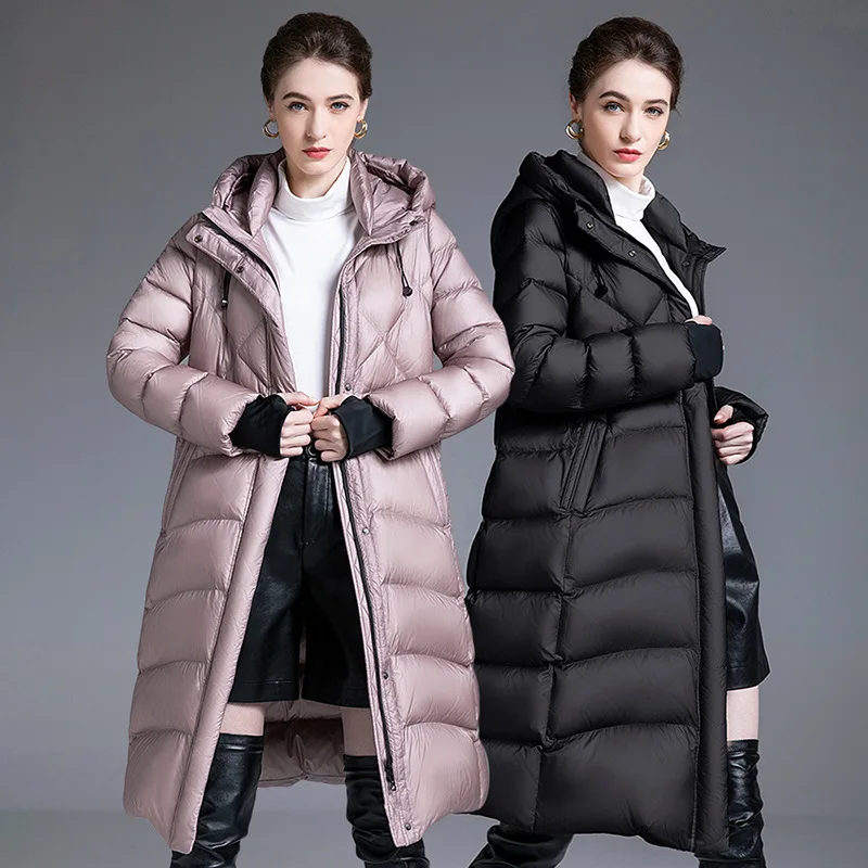 

2024 new winter women's down jacket long hooded slim fit waist cinched 95% white duck down Leisure warmth coat K1688