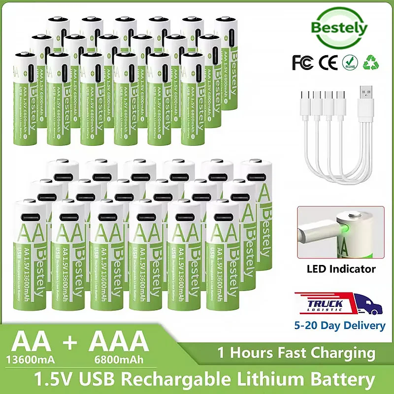 Rechargeable Lithium Battery Set 1.5V AA 13600mAh + AAA 6800mAh USB-C Charge 2000 Cycles Low Self-Discharge for Electronics